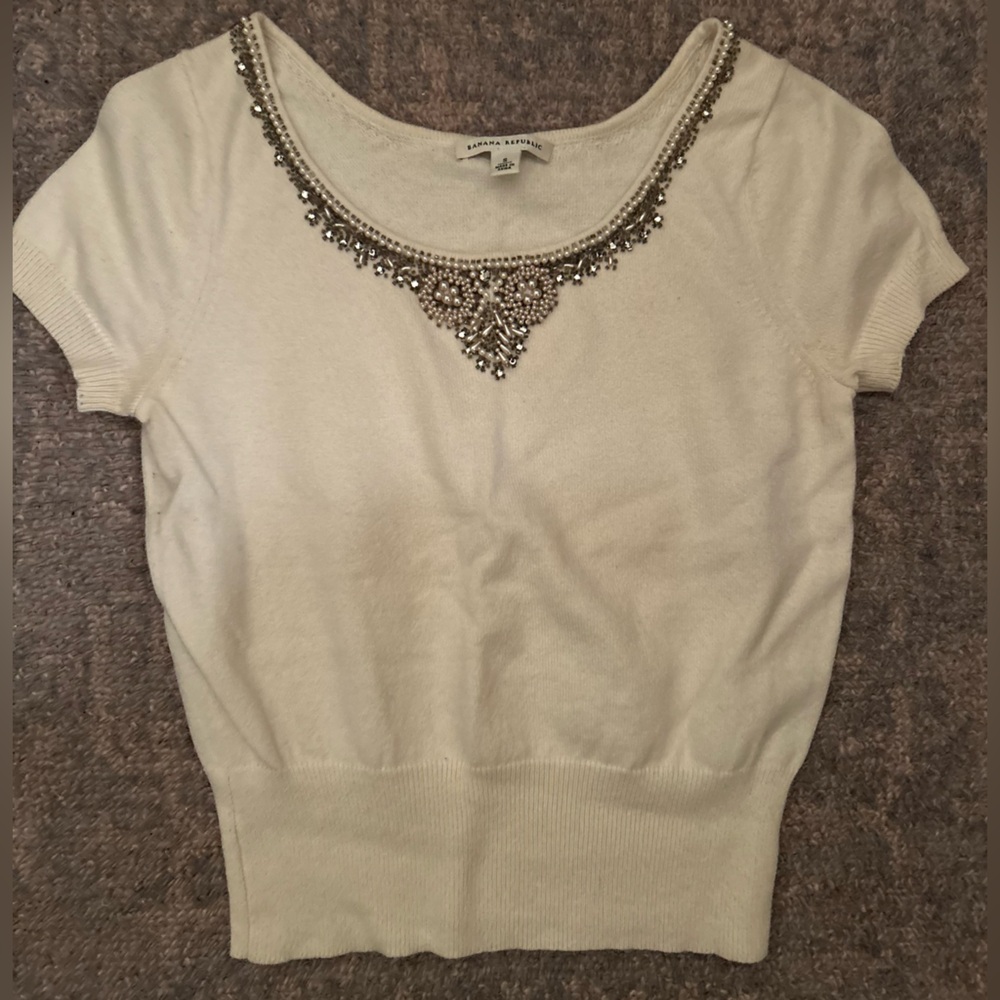 Banana Republic Shirt Sleeve Beaded Neck Cream Sweater